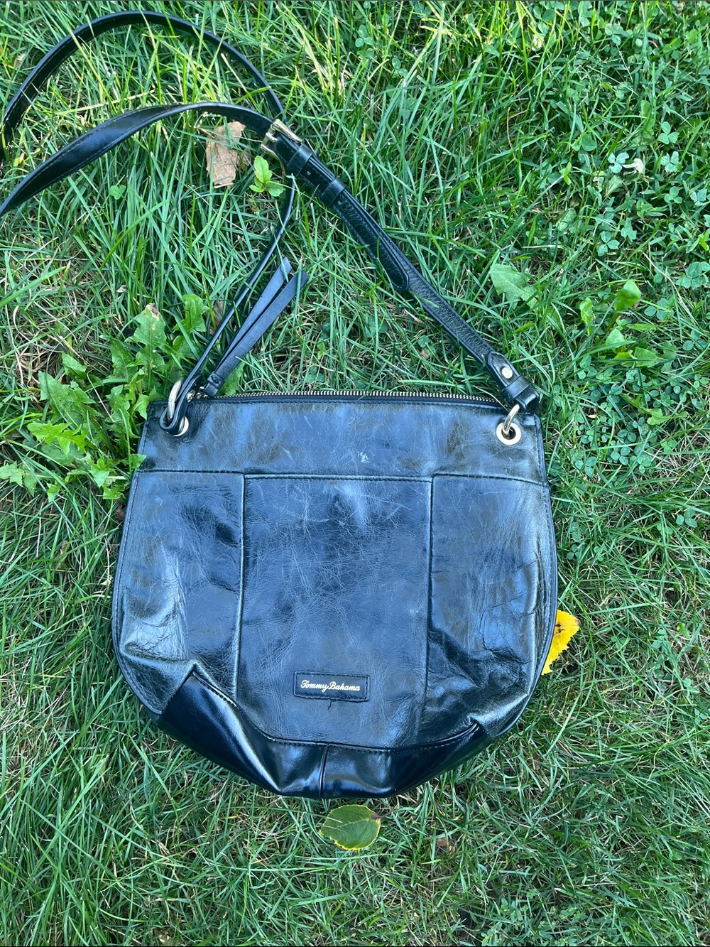 Tommy Bahama Black Leather Shoulder Bag with Adjustable Strap